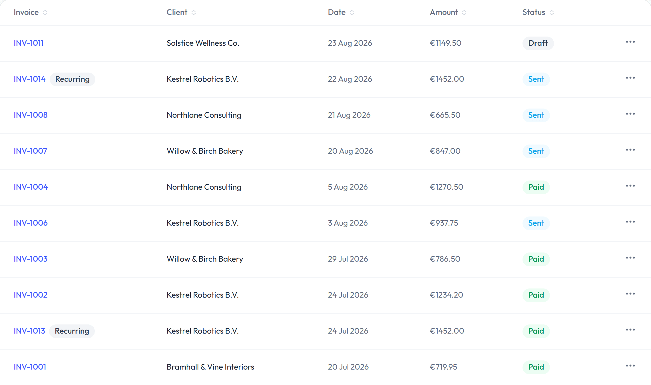 Billebly invoices list with draft, sent, paid, and overdue statuses