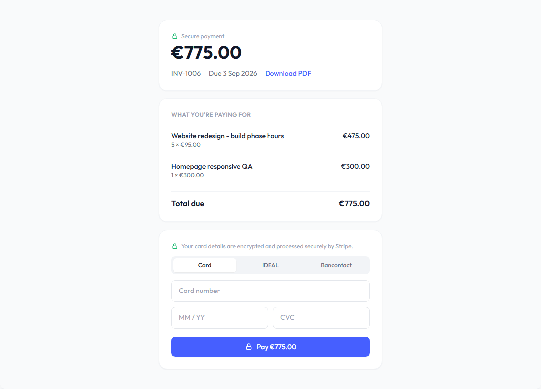 The hosted payment page a client sees when they open their invoice link