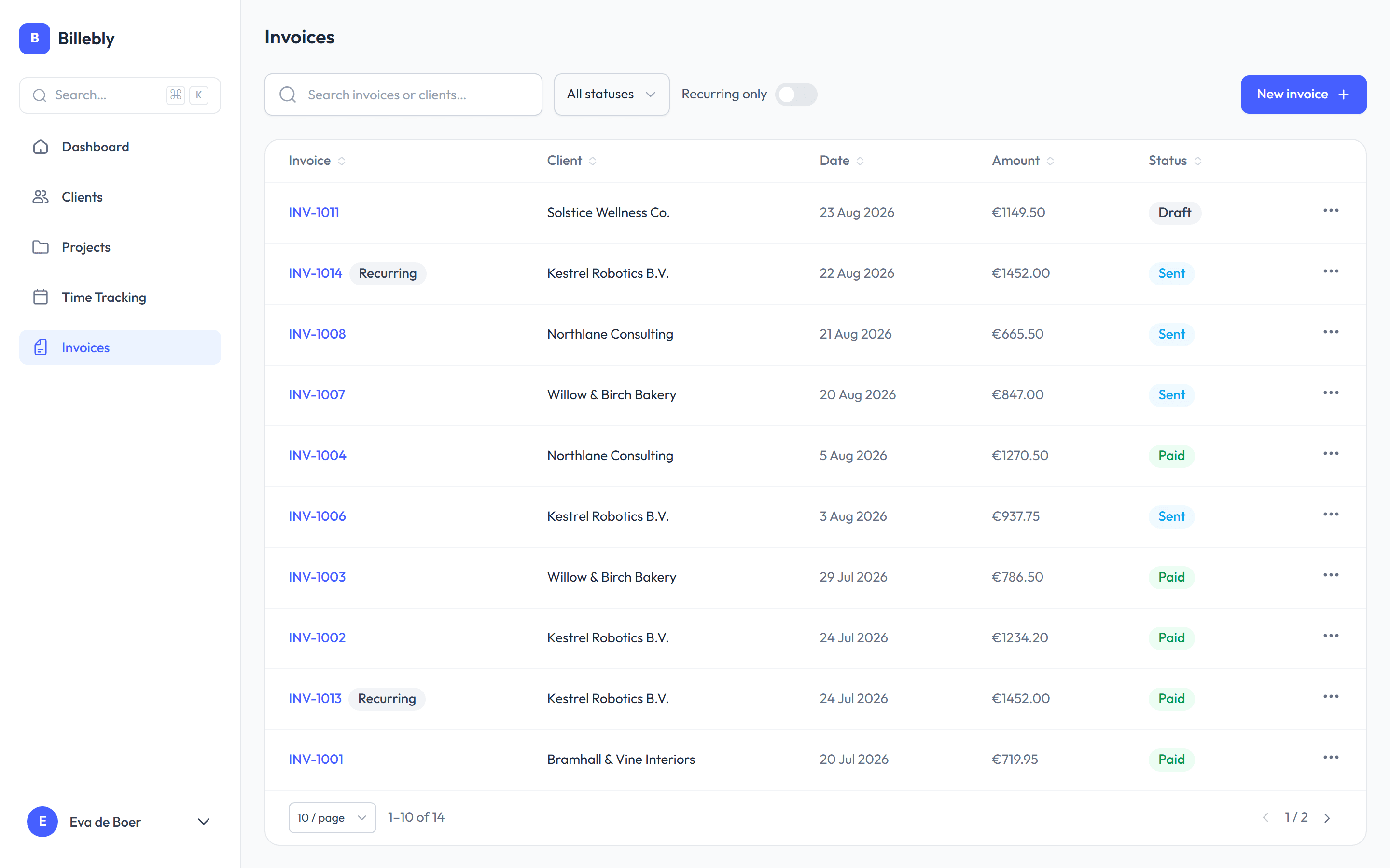 Billebly invoices list with draft, sent, paid, and overdue statuses